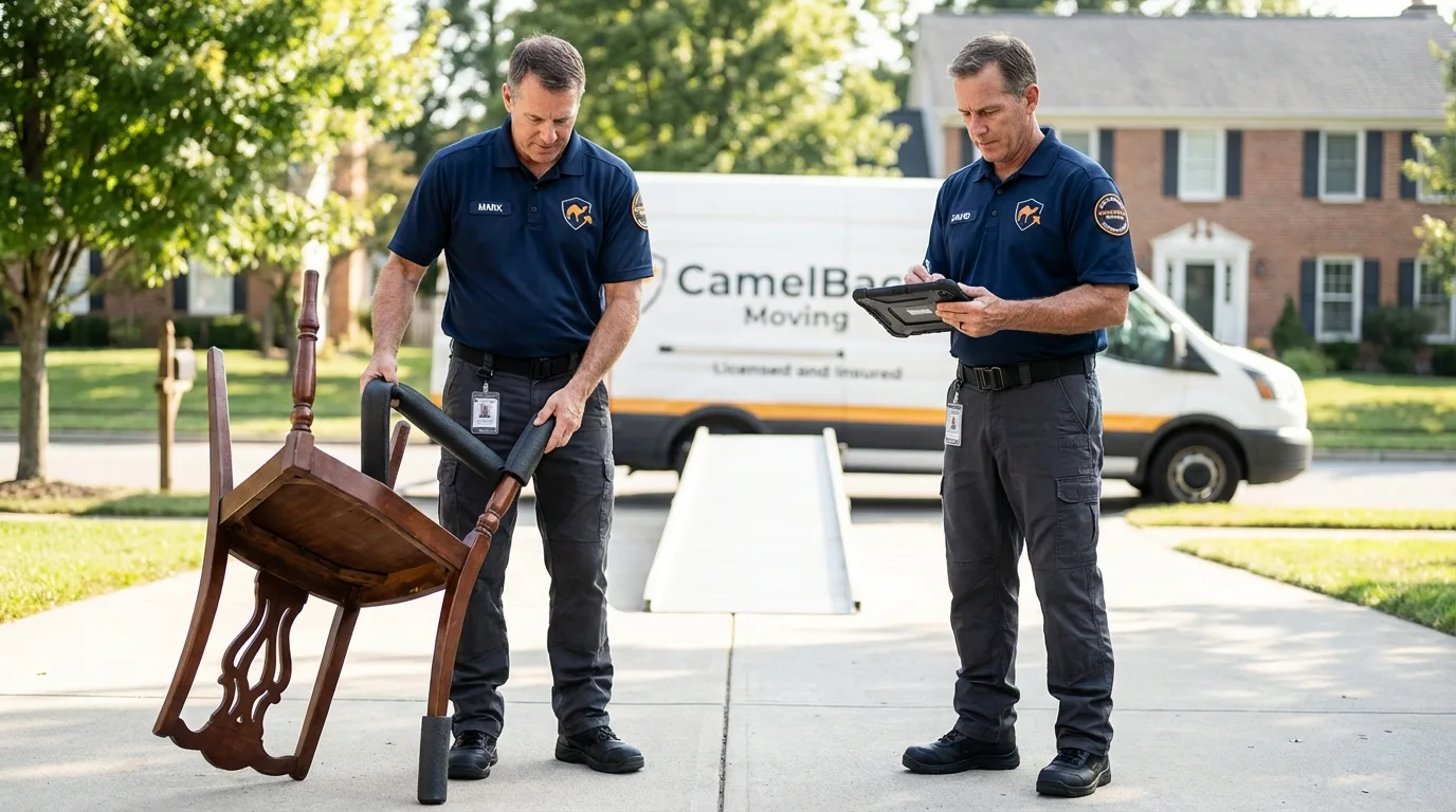Movers inspecting furniture for damage prevention before loading in Lake Placid, FL