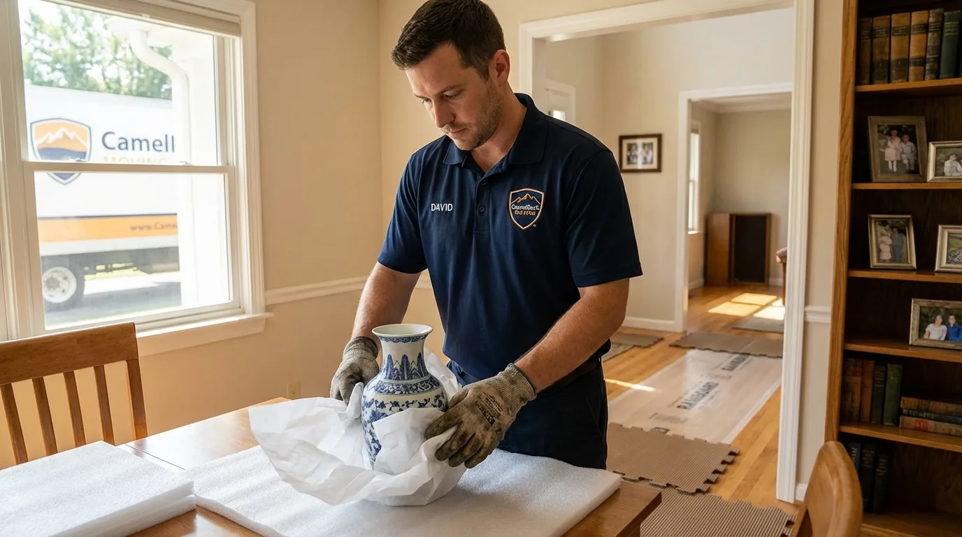 Professional crew carefully wrapping antique vase for senior downsizing move in Lake Placid, FL